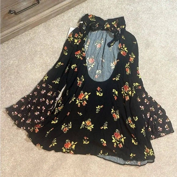 FREE PEOPLE Women’s Tate Black Floral Tie Neck Mini Shift Dress Tunic XS - Picture 8 of 11